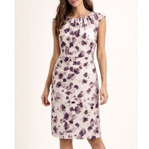 Ann Taylor Abstract Floral Silk Sheath Dress Ivory Purple Size 6 Workwear Party